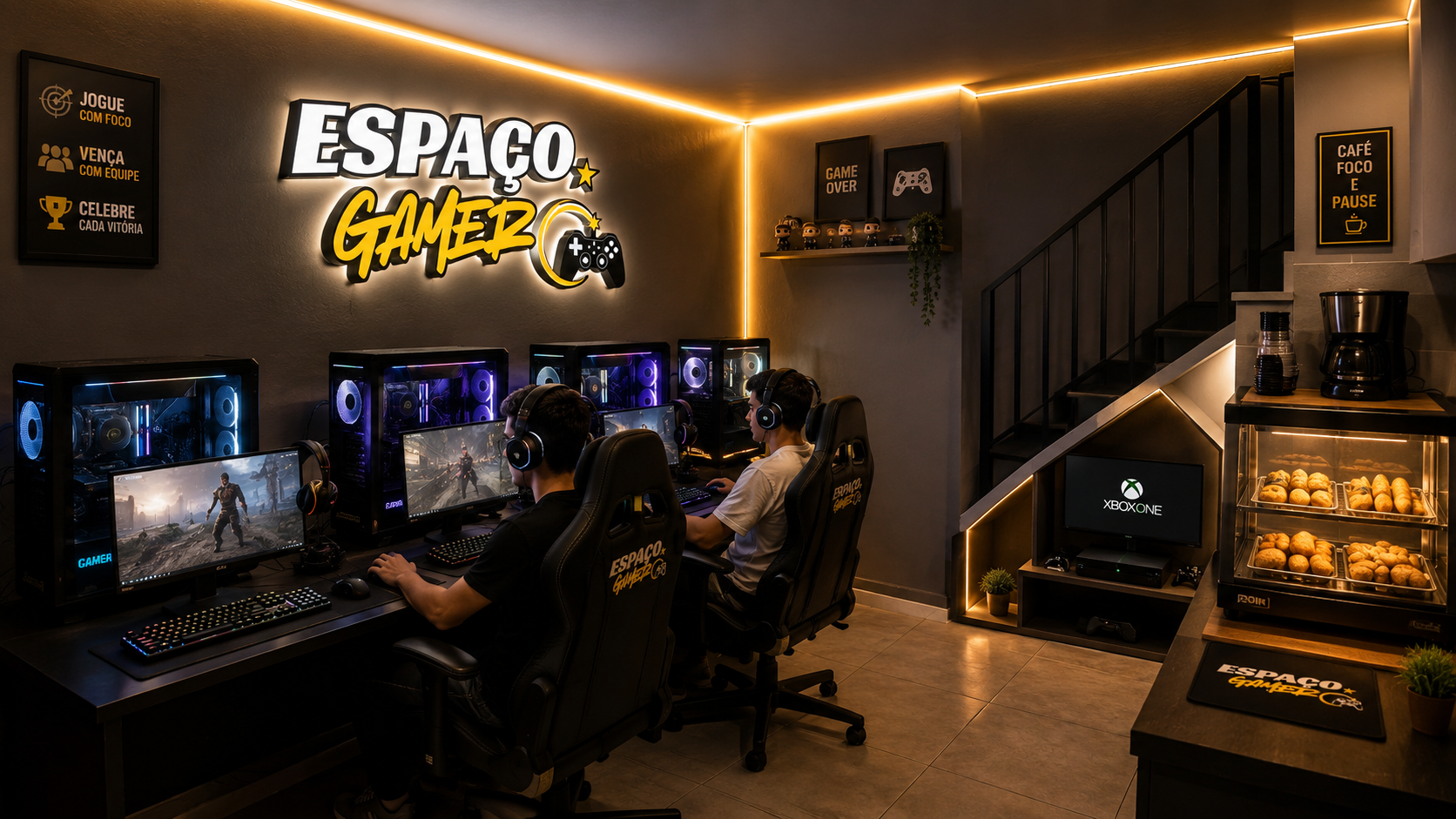 Espaço Gamer com PCs, Xbox One, cafeteira e estufa de salgados